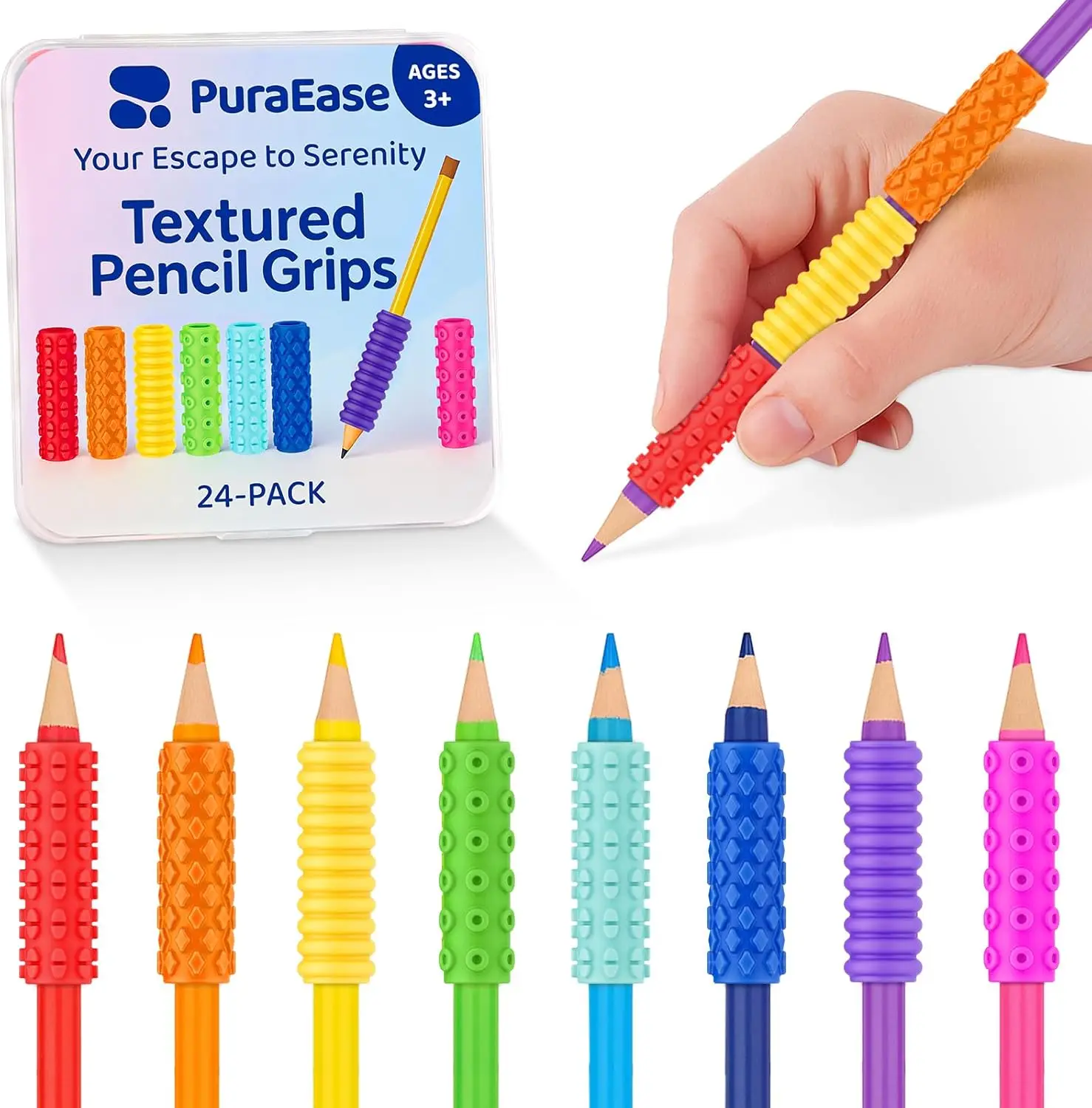 

Sensory Pencil Grips 24 Pack – Textured Fidget Toys for ADHD, Autism, Anxiety, Stress Relief – Classroom Rewards, Educational Tools