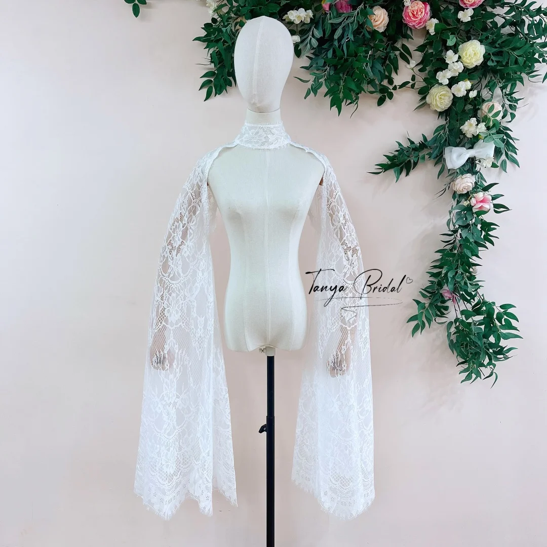Vintage Floral Lace High Collar Long Cape Sleeves Pearl Closure Back Hollow Out Removable Bridal Arm Wrap Detachable Shrug Blero