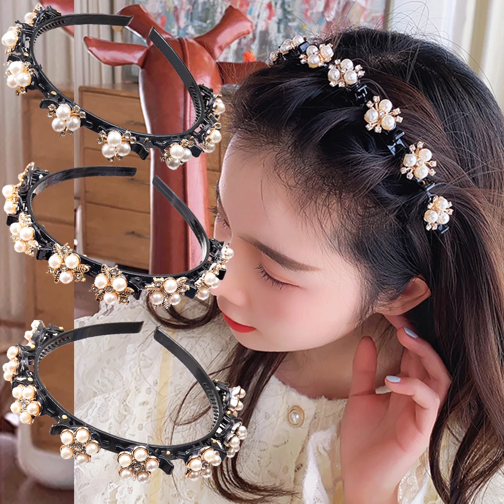 Pearl Flower Hairband Rhinestone Headband Women Hair Band Claw Hoop Double Layer Bangs Hairstyle Bezel Hairpin Hair Accessories