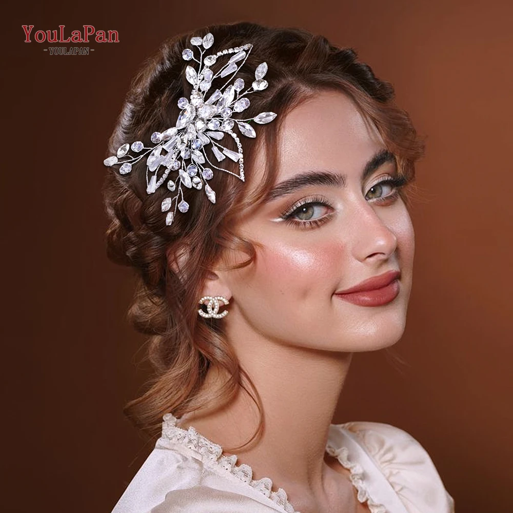 YouLaPan-peineta de cristal hecha a mano, cadena de diamantes de imitación con forma de hoja, peine lateral para boda, diadema, tocados de novia, accesorios HP831