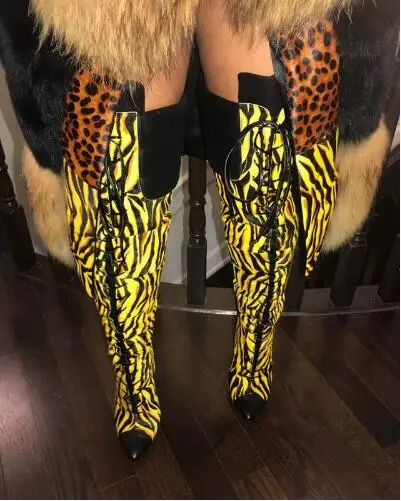

Sexy Woman Yellow Black Mixed Leather Zebra Print Pointed Toe Cross Tied Lace Up Fold Stiletto Heel Over The Knee Boots Lady