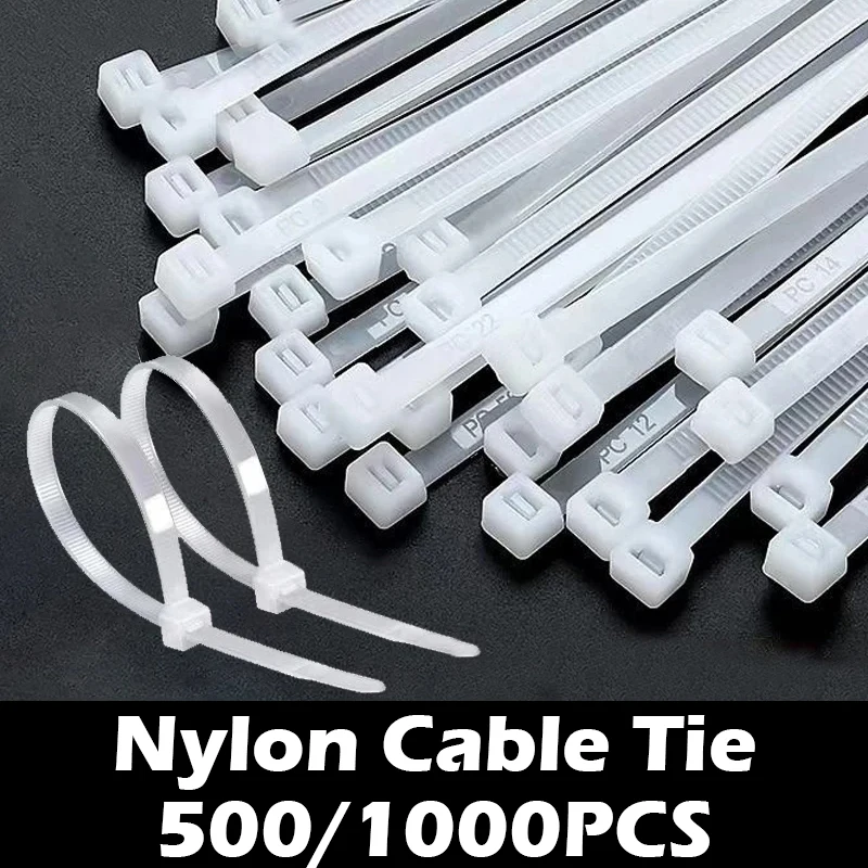 500/1000PCS Self Locking Plastic Nylon Cable  White 200mm Cable Fastening Ring 150mm Cable  300mm Zip Wraps Strap Tie