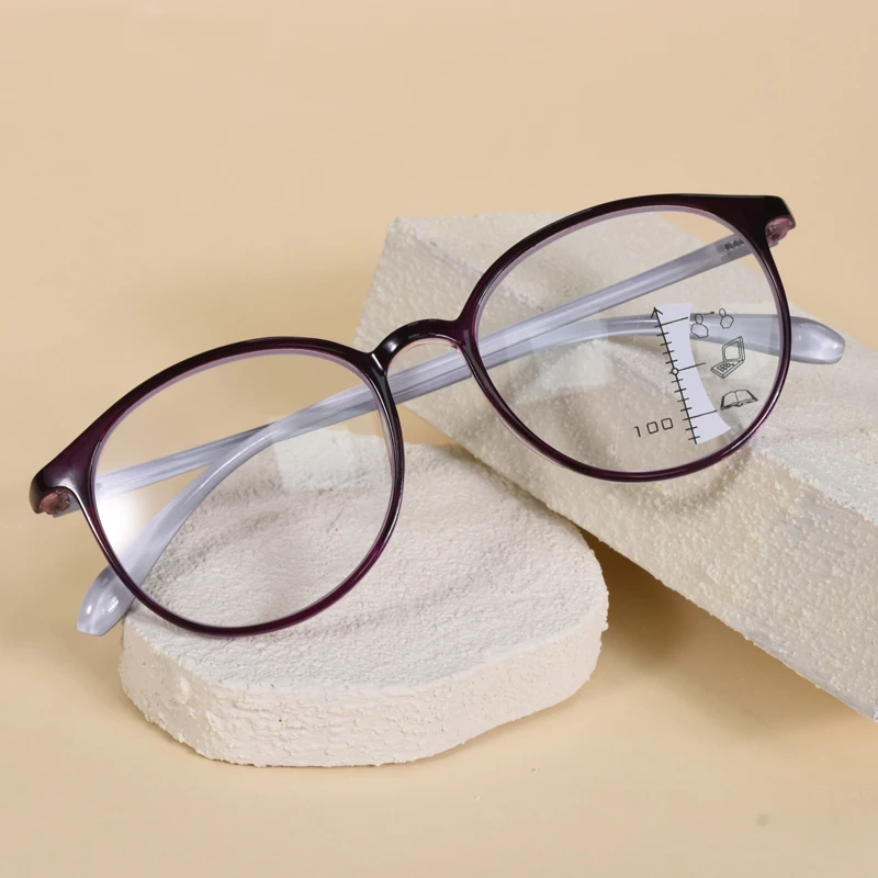 Lunettes de lecture progressives rondes à monture violette pour femmes, double usage, pour la vue de près et de loin, multi-focales, pour presbytie, anti-rayons bleus +175