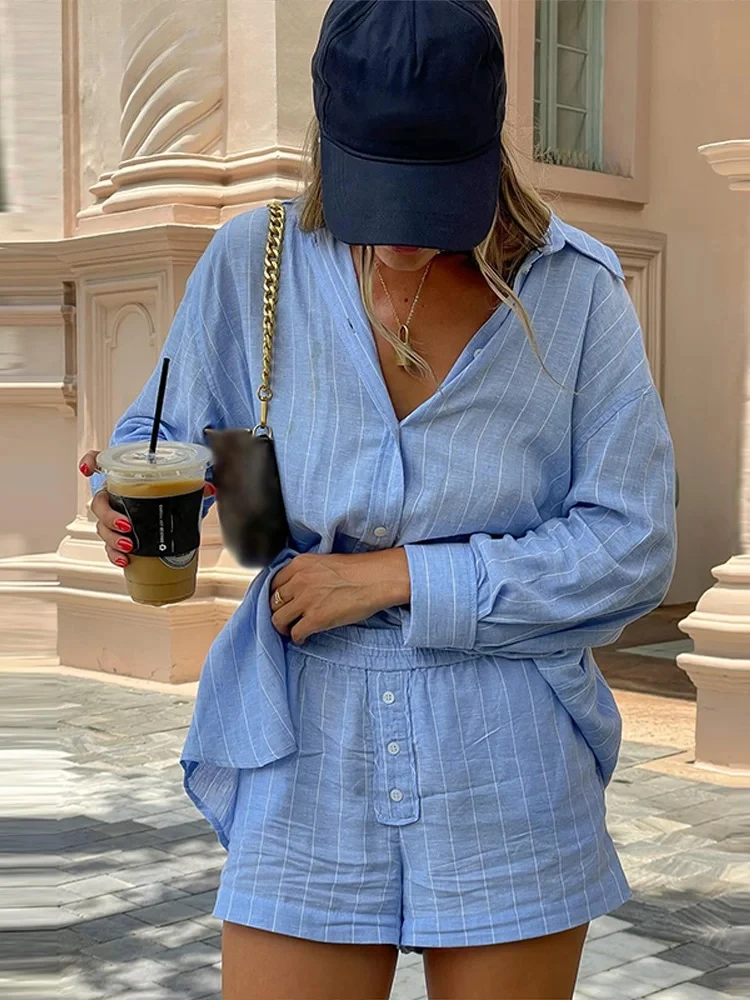 

Women's Stripe Shirts Shorts Suit Long Sleeve Turn-Down Collar Back Split Lady Sets 2025 Summer Fall Fashion 2 Pieces Set Women