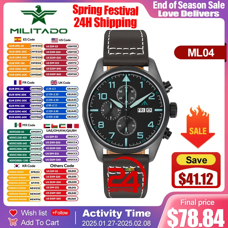 Militado Chronograph Watch OS00 Quartz Movement Super BGW9 Luminous AR Sapphire Crystal Waterproof 100m Stainless Steel Watches