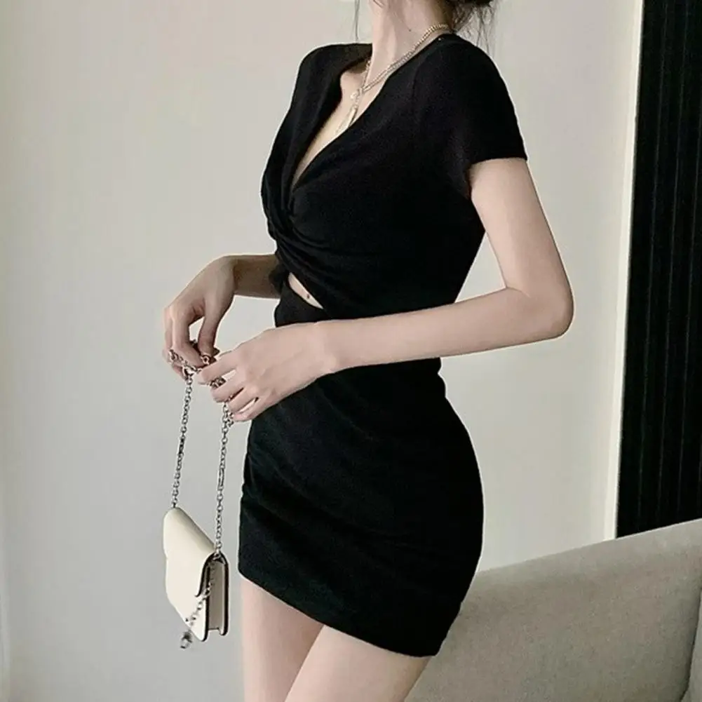 Elastic Fabric Dress Elegant V-neck Mini Dress with Knot Waist Detail Short Sleeves for Women Solid Color Sheath Dress