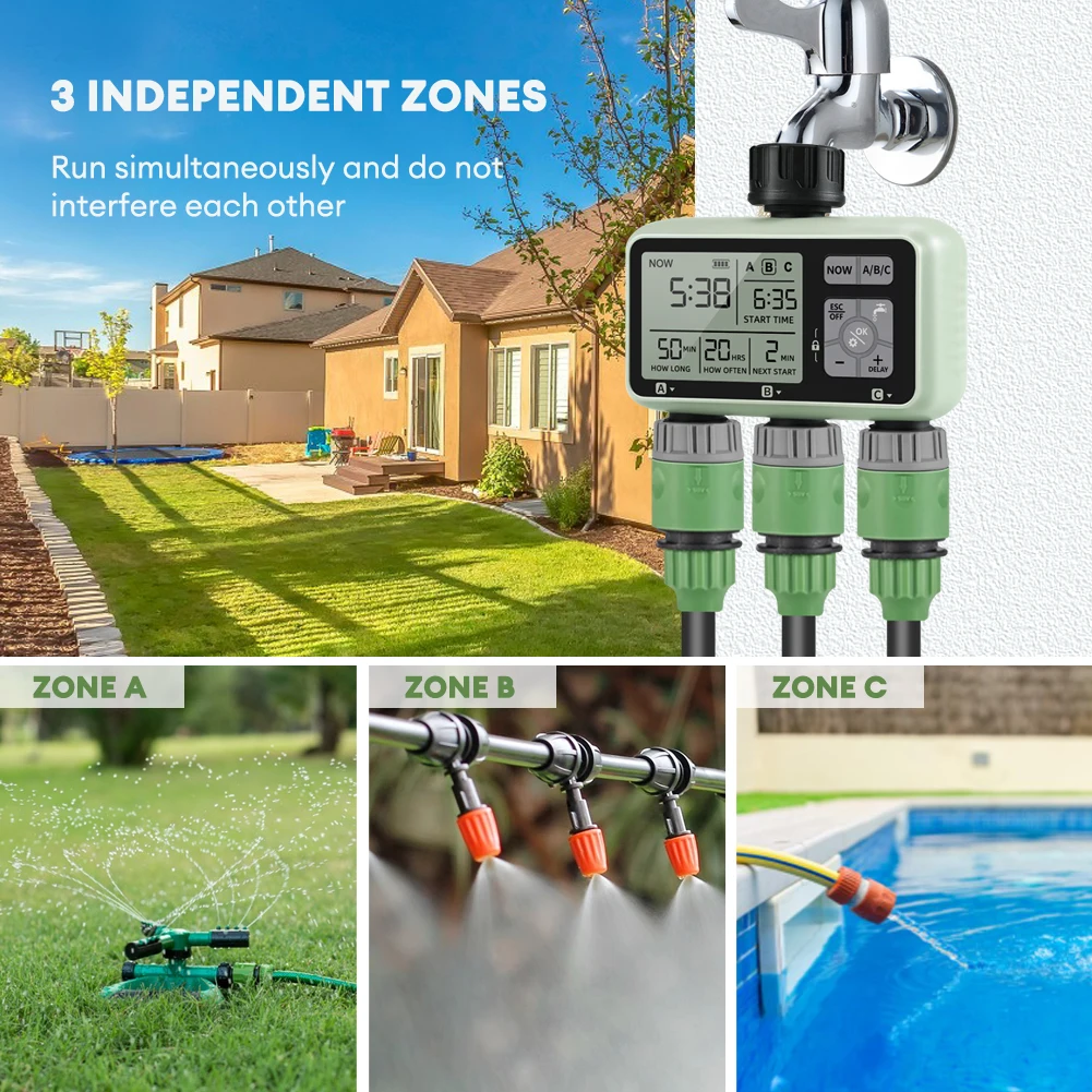 Household 3-Outlet Irrigation Timer Digital LCD Automatic Irrigation System Rain Delay Smart Garden Water Timer Tool