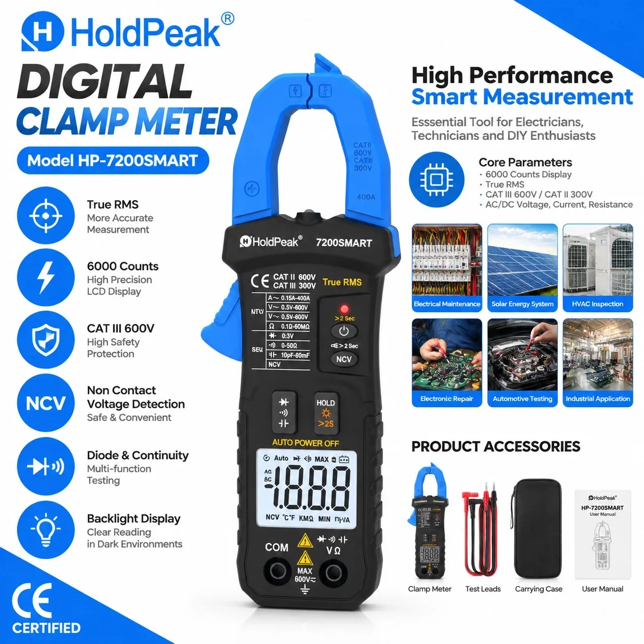 HoldPeak 7200SMART True RMS Smart AC Clamp Meter 400A 6000 Counts Auto Range NCV Capacitance Diode Backlight
