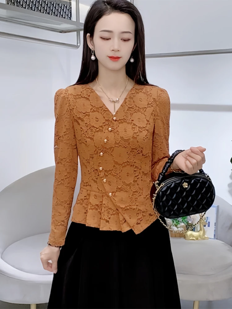 

Autumn New Fashion French Style Long-sleeved Elegant Sexy Lace Small Shirt Women's All-Match Stylish Bottoming Top