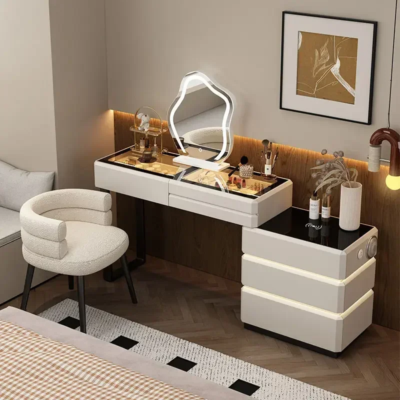 

Modern Dressing Table Vanity Desk with 6 Drawers Wireless Charging Station Bluetooth Speaker Glass Top Light Mirror Makeup Table