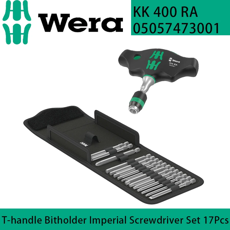 

WERA 05057473001 KK400RA T-handle Bitholder Imperial Screwdriver Set 17Pcs Ratchet Screwdriver Bit with Fast-rotating Sleeve