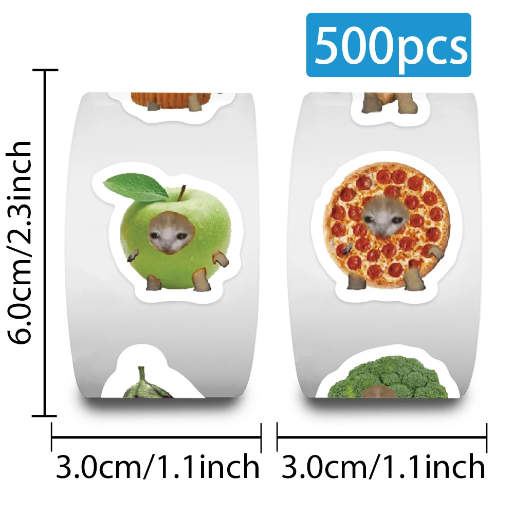 500pcs/Roll Cute Food Cat MEME Graffiti Stickers Funny Cartoon Decals DIY Scrapbook Fridge Suitcase Reward Sealing Label Sticker
