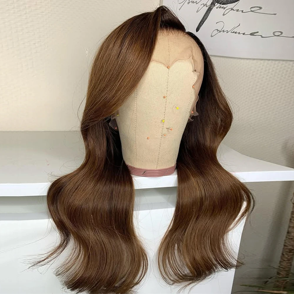 Chocolate Brown Wavy Lace Front Wig for Women 13x4 Loose Wave Synthetic Hair Pre Plucked Free Part Realistic Look Wig Daily Use