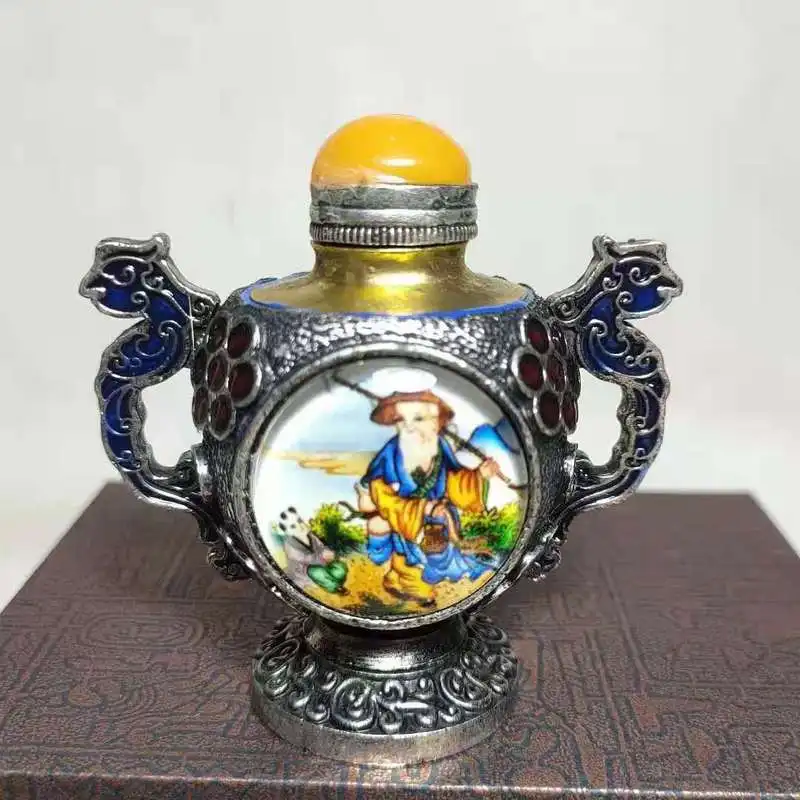 Antique- Tibetan-Style Snuff Bottle Made Of Copper, Double-Sided Painting And Inlaid Details, Decorated With Inte