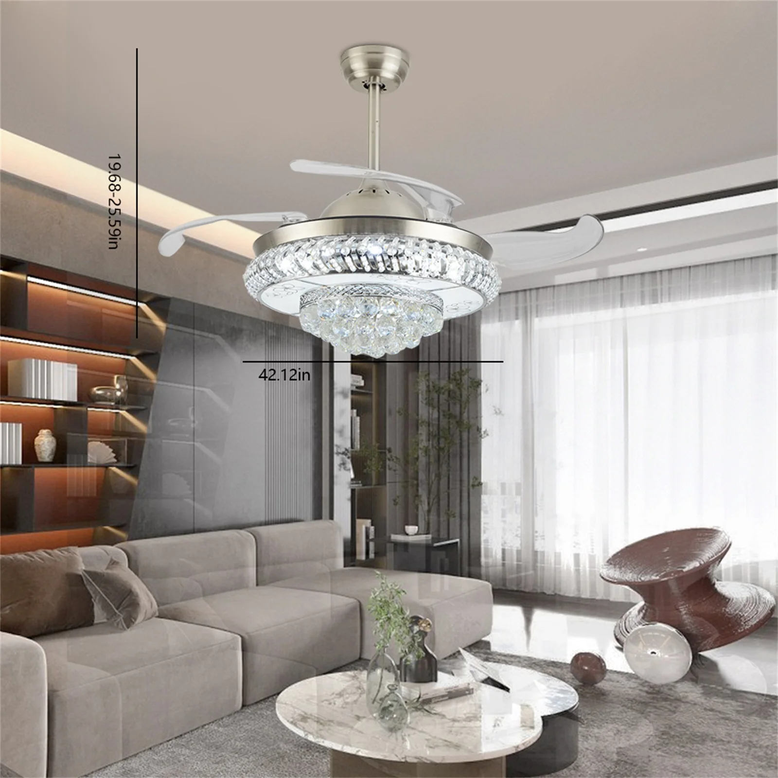 OUKANING Modern Retractable Crystal Ceiling Fan with Light and Remote Control LED Ceiling Light Chandelier Ceiling Fan