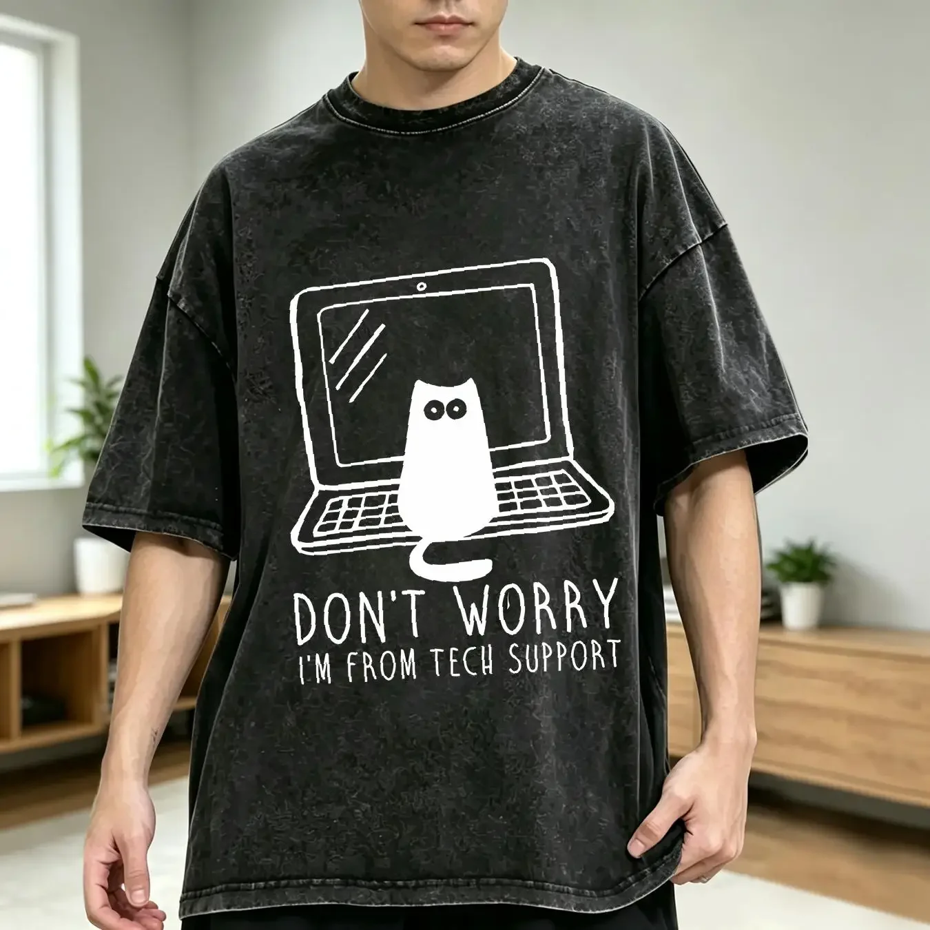 washed T Shirt Cat Don't Worry I'm From Tech Support Geek Gamer Top 3909 vintage Washed Unisex homme Comfortable Breathable