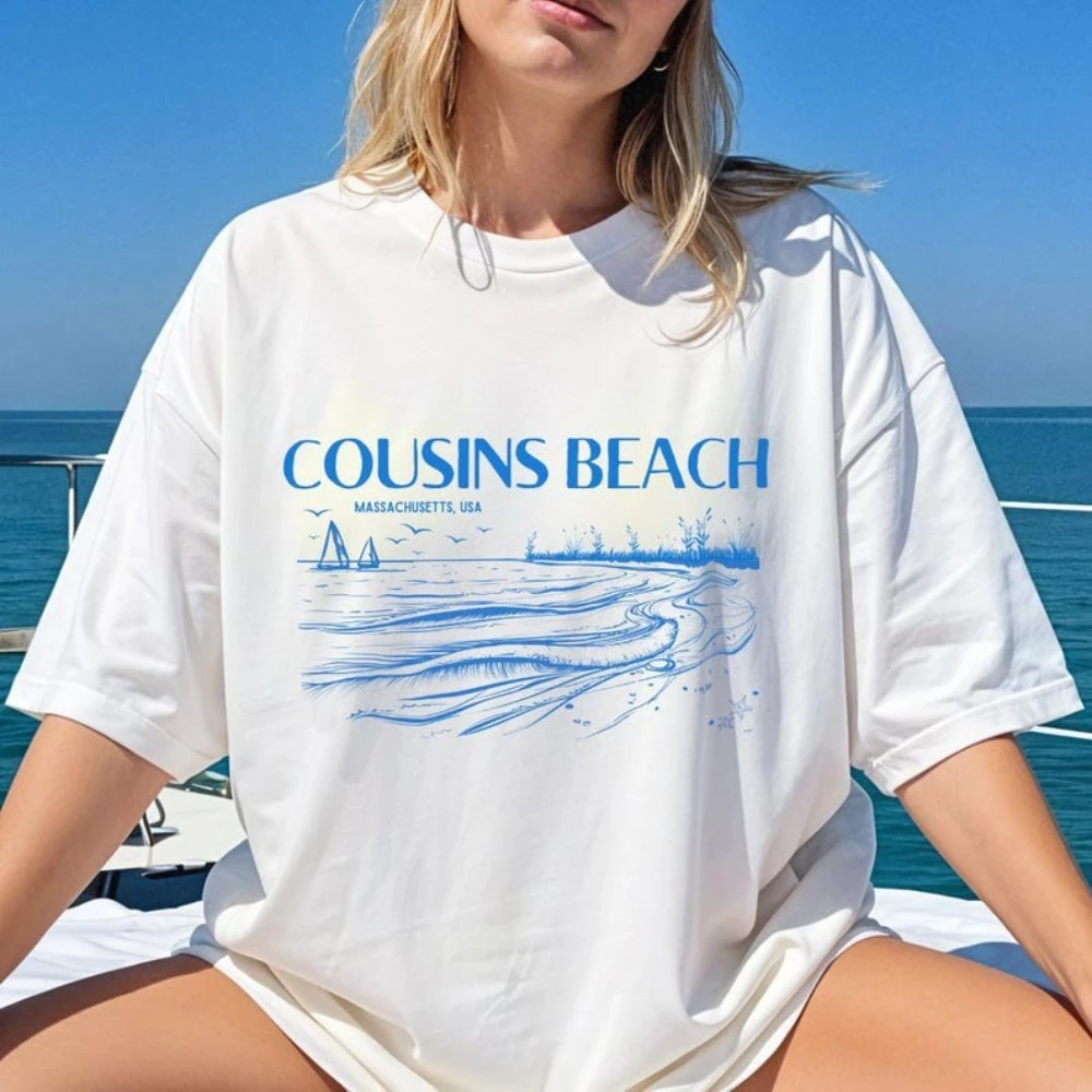 تي شيرت برسومات جرافيك للسيدات والرجال على الشاطئ من ابن عموم على الشاطئ، تي شيرت قطني للفيلم الجميل للموسم الثالث
