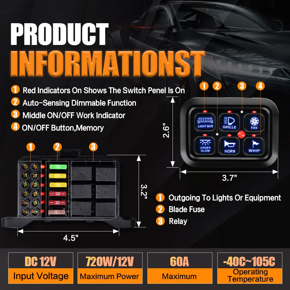 6 Gang Switch Panel, Universal Circuit Control Relay System Box with Automatic Dimmable On-Off LED Switch Pod Touch Switch Box f