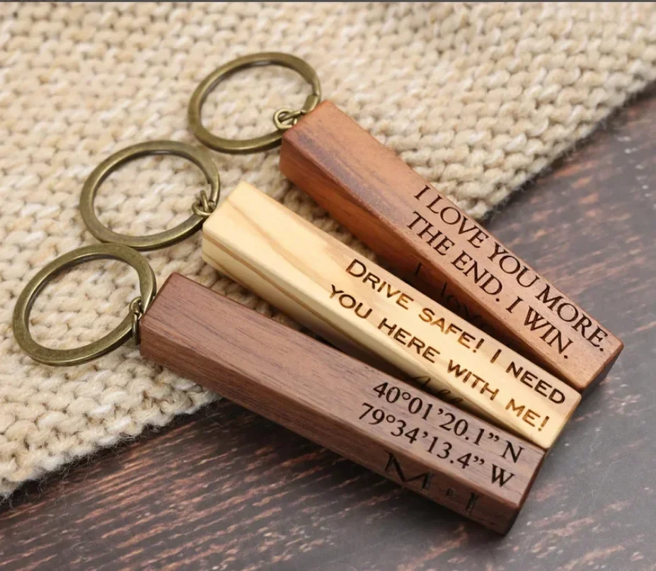 Wooden Customized Engraved Keychains Rectangle Beech Wood Bar Key chains Personalized Keyring Gift