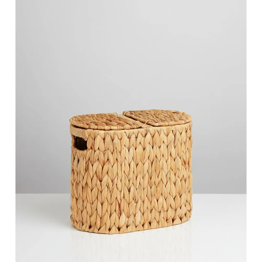 

Handwoven Toilet Paper Storage Basket with Lid & Handles, Natural Water Hyacinth Bathroom Organizer for 4 Rolls
