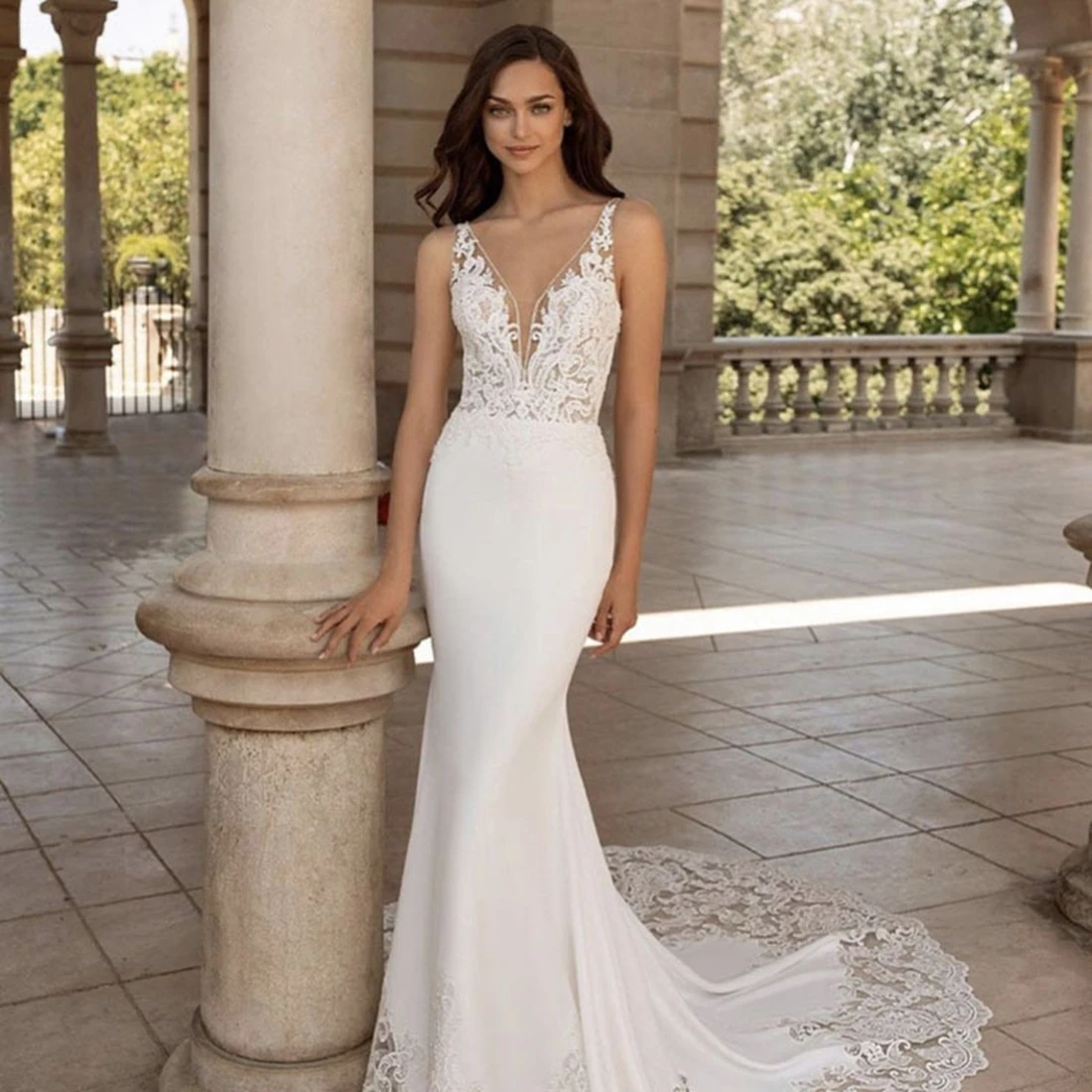 Fashionable Soft Satin V-Neck Wedding Dress with Court Train customized