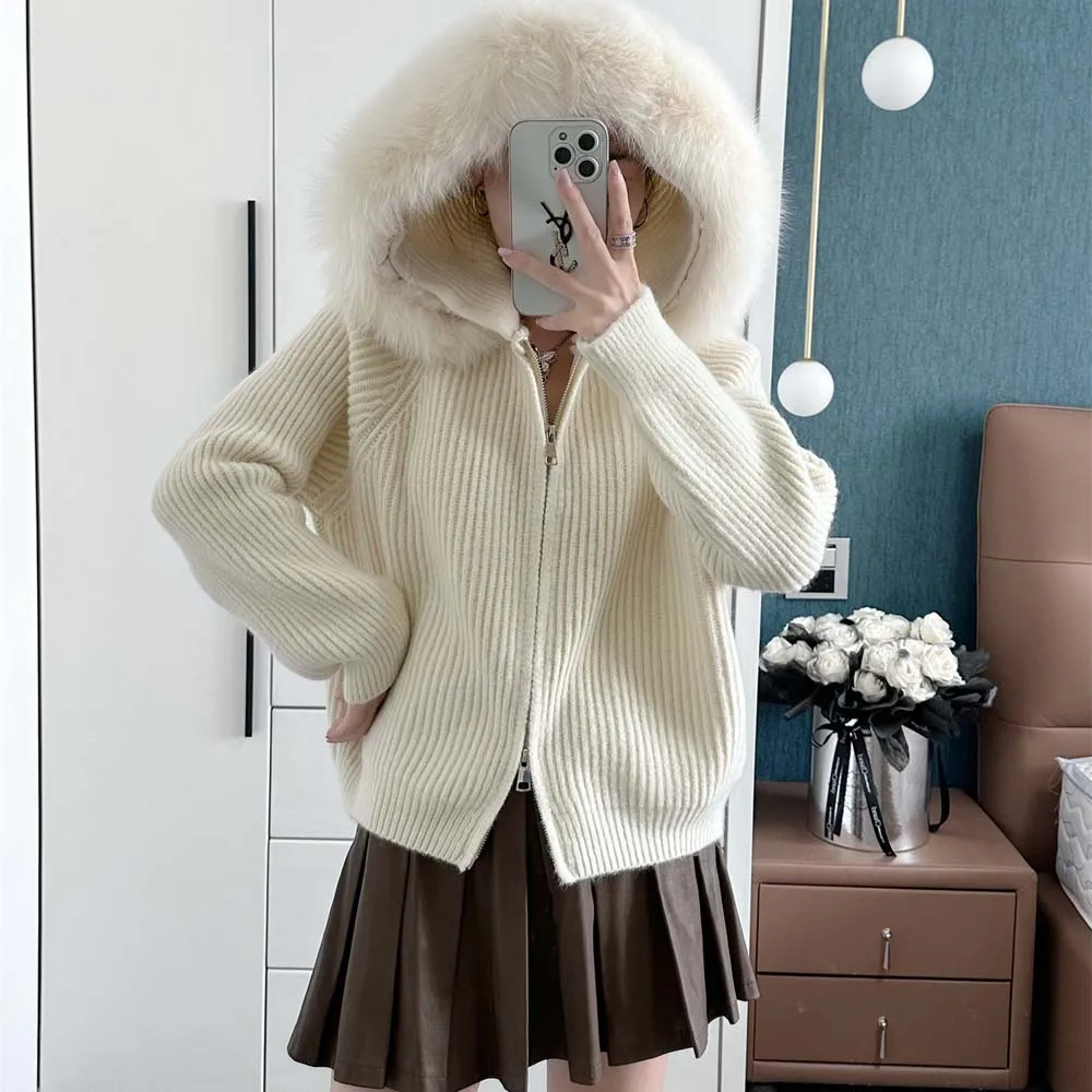 2025 المرأة ريال فوكس الفراء طوق معطف سترة فضفاضة مقنعين الثعلب الفراء الديكور سترة ملابس خارجية معاطف الإناث