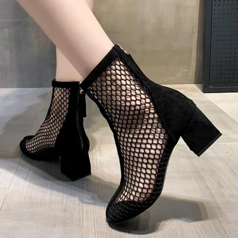 Summer Black Zipper Ankle Boots 2023 New Fashion Mesh Hollow Square Toe Chunky Heel Sandals Solid Color Women\'s High Heels