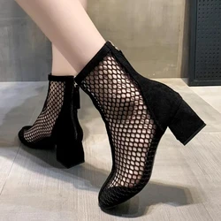 Summer Black Zipper Ankle Boots 2023 New Fashion Mesh Hollow Square Toe Chunky Heel Sandals Solid Color Women's High Heels