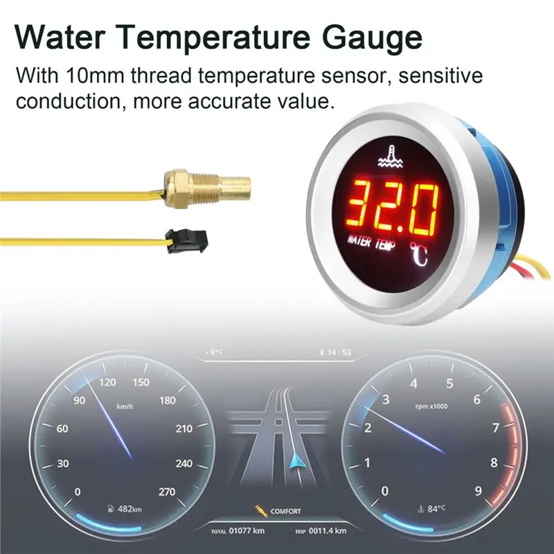 A13Z-For Cars 52Mm Digital Water Temperature Gauge With LED Display 9-36V Sensor And Alarming Functionality