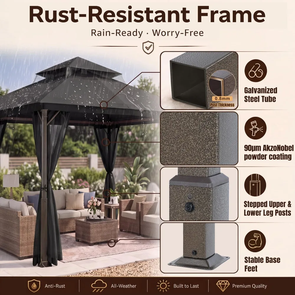 11x11 ft Stable Patio Gazebo with Netting Walls, Black