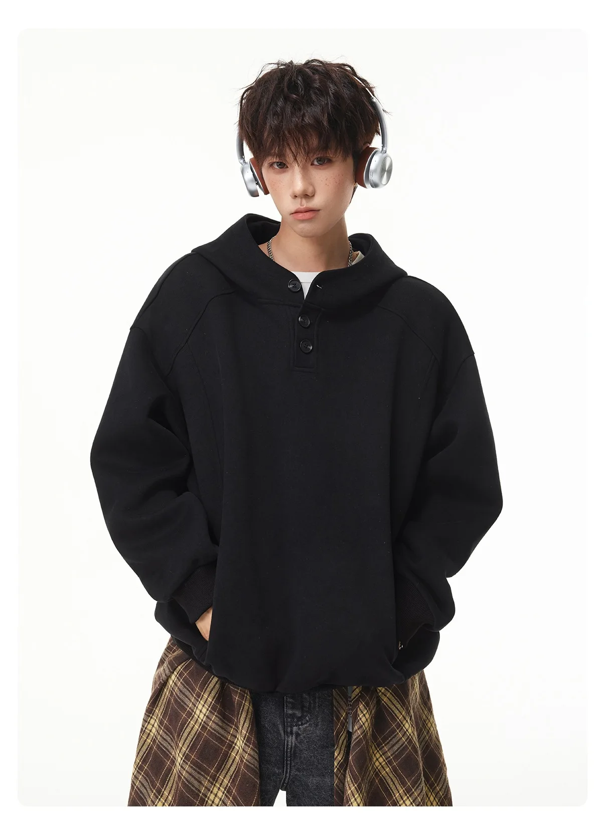 Autumn Winter New Button Half High Neck Hoodie for Men Korean Fashion Harajuku Simple Solid Men's Casual Loose Hooded Sweatshirt
