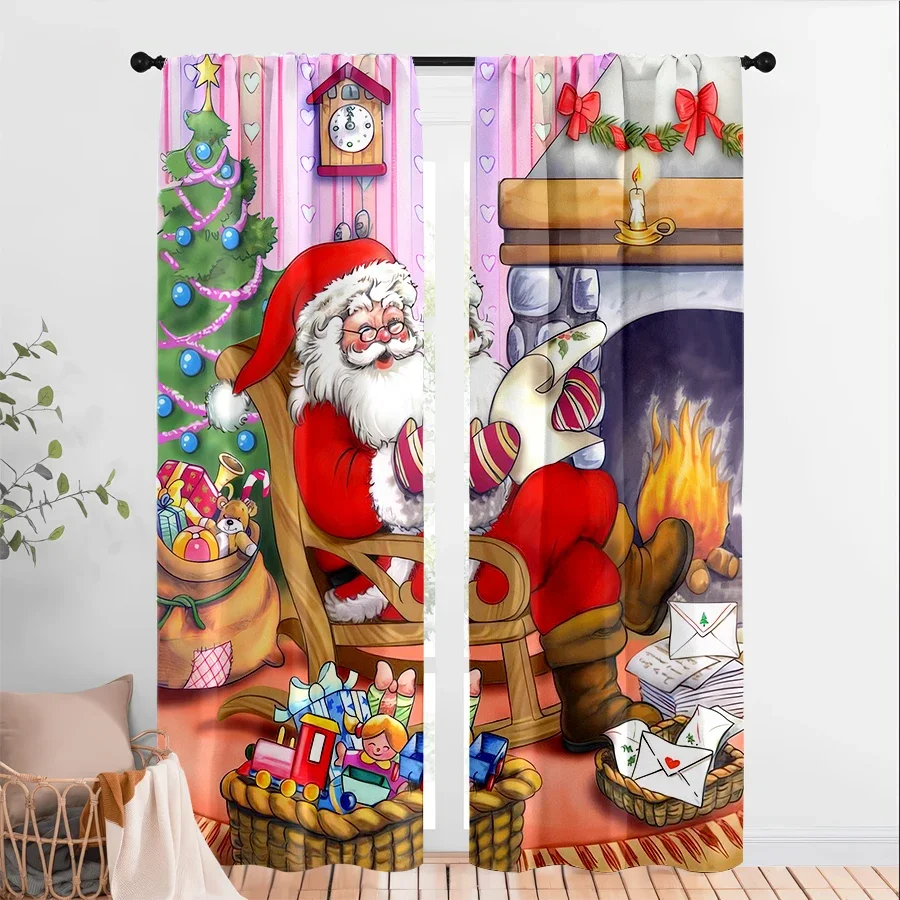 Christmas Santa Claus and Shark Family Holiday Window Curtain Festive Xmas Decor Curtain for Home Party