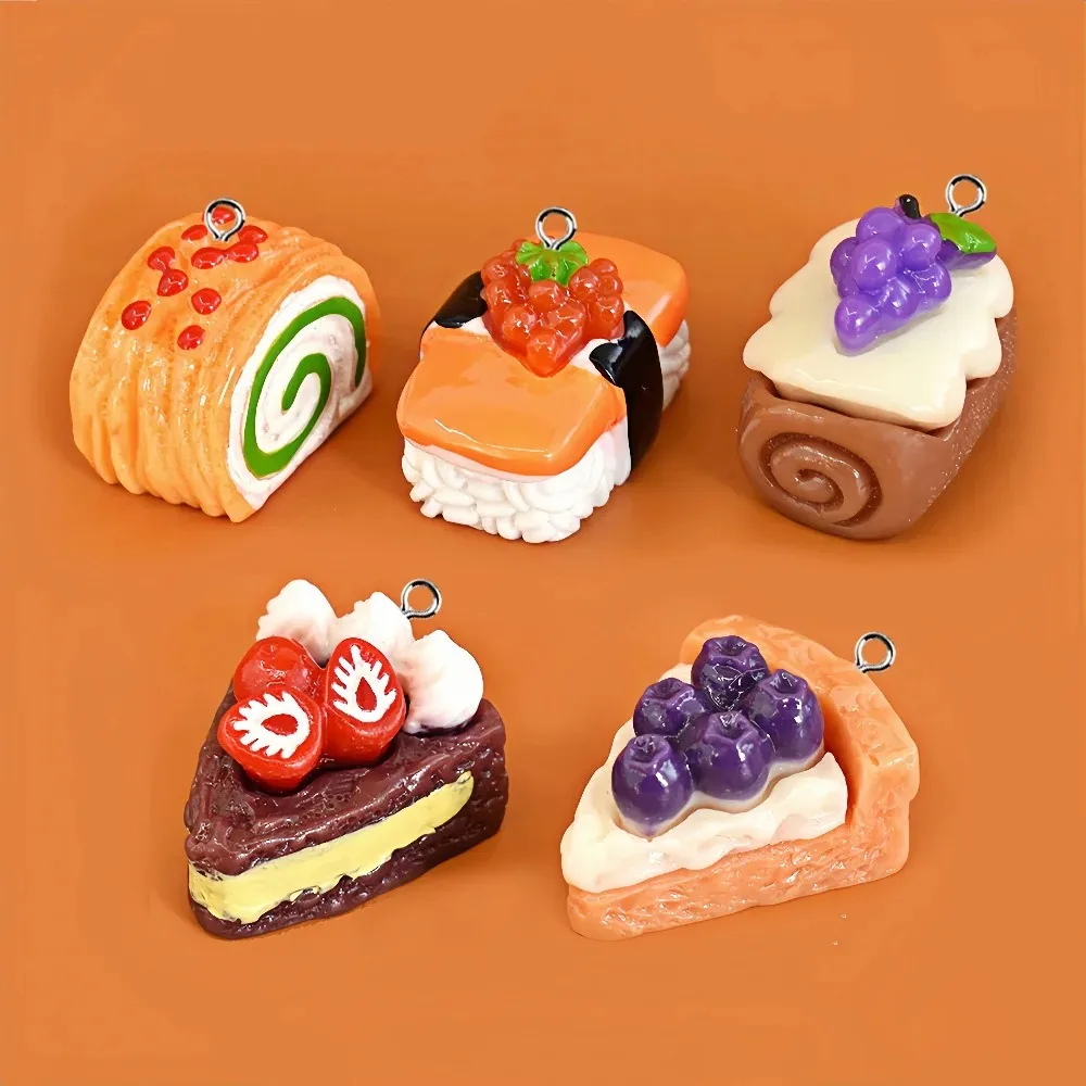 10 piezas de dijes de resina de simulación de sushi y pasteles estilo Kawaii, mini colgantes de comida para bricolaje, pendientes, llaveros, suministros para la fabricación de joyas para amantes de la comida