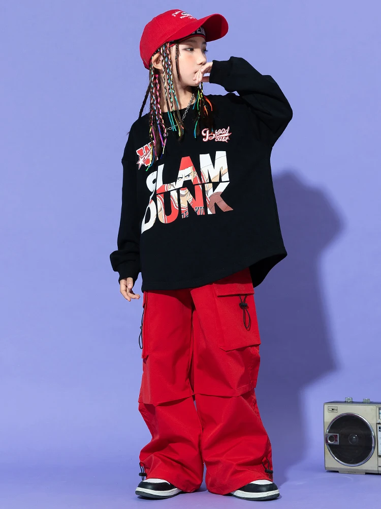 Trajes de baile moderno de Jazz para niños, Sudadera negra, pantalones Cargo rojos, traje para niñas, ropa de baile de Hip Hop para Rave, DQS14187, 2023