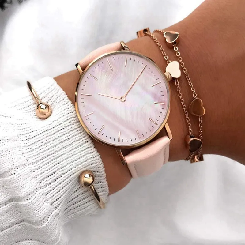 Elegant Pink Shell Dial Women's Watch Minimalist Quartz Ladies Wristwatch with Leather Strap Fashion Woman Watches Gift Reloj