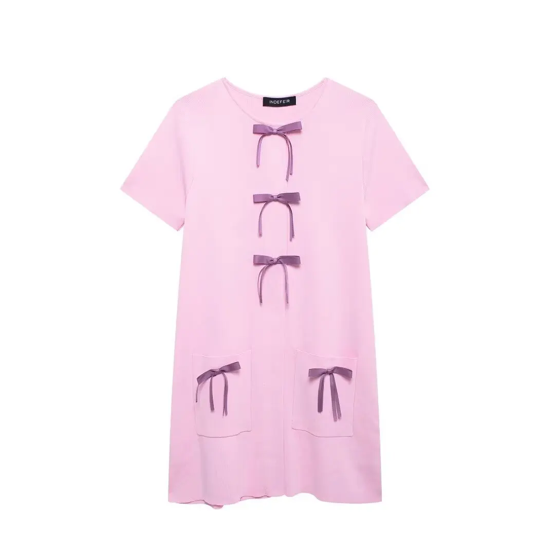 

TRAFZA Summer Female Elegant Dresses Pink O-Neck Short Sleeves Bow Decorate Women Casual Dress Pockets Mini Knitted Dress Mujer