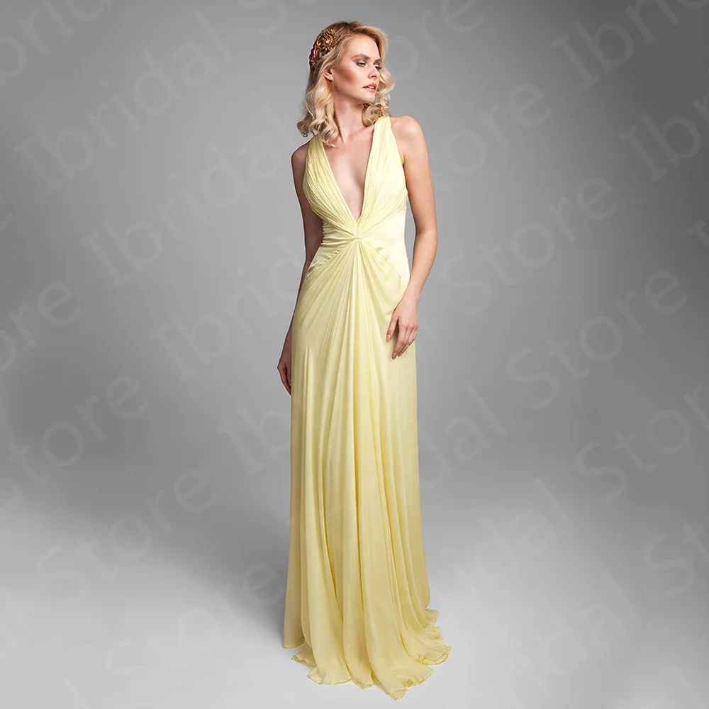 

On Sale Charming Evening Dresses Chiffon Sleeveless Wedding Guest Gowns Deep V Neckline Prom Party Full Length Pleated