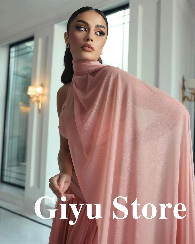 Giyu Elegant Blush Pink Silk Chiffon Evening Dresses With Scalf Pleats Floor Length Wedding Party Guest Women Prom Gowns