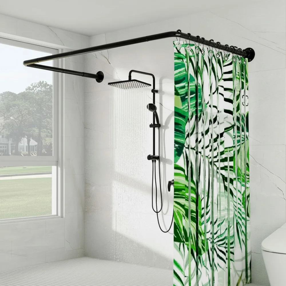 

Adjustable U-Shaped Shower Curtain Rod with Ceiling Support & 12 Hooks - Heavy Duty Rustproof Bathroom Corner Pole