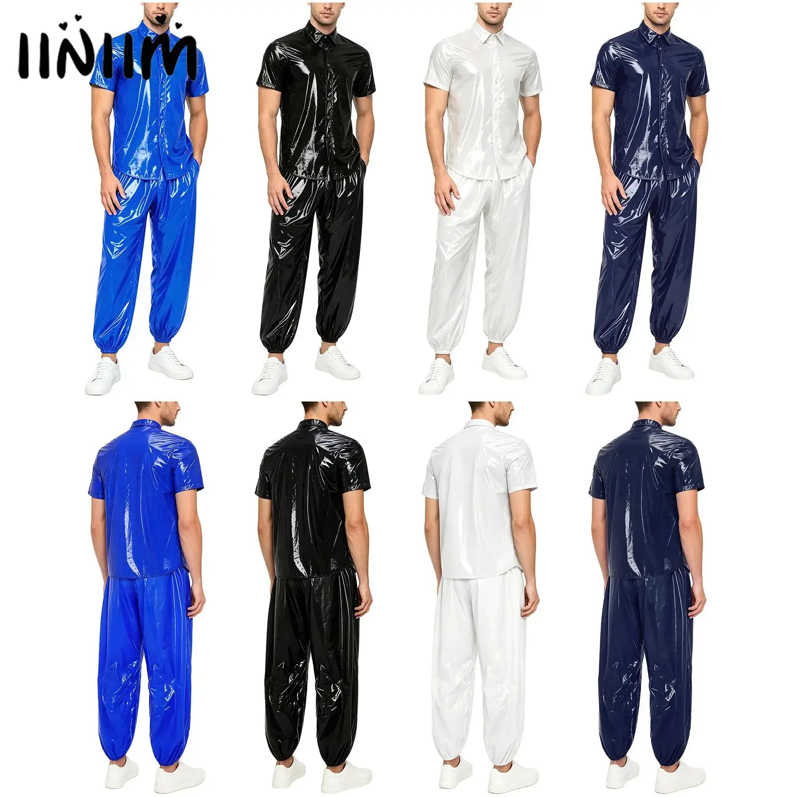 Mens Mens Shiny Waterproof PVC Waterproof Tracksuit Set Shiny Short Sleeve Shirt Elastic Waist Cuffed Pants Nightclub Outfit