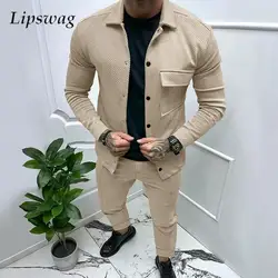 Streetwear Fashion Tracksuits Men Autumn Casual Button Jackets And Pants Two Piece Sets Mens Stylish Solid Color Texture Suits