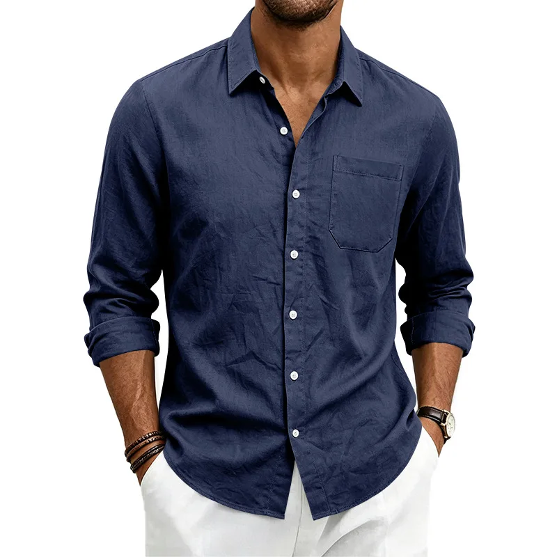 Men's Spring Autumn Turn Down Collar Linen Business Work Long-Sleeve Shirt