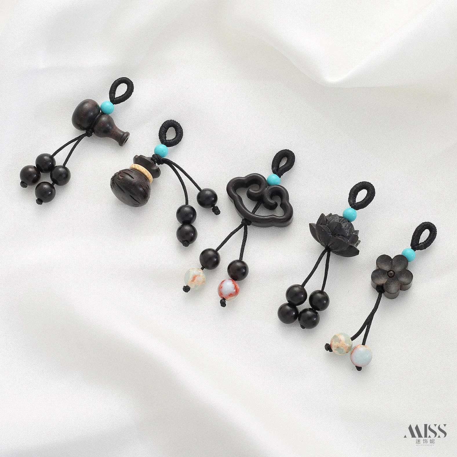Natural Ebony Sickless Seed Gourd Lotus Ruyi Money Bag Plum Blossom Fringe Pendant DIY Braided Rope Bracelet Accessories