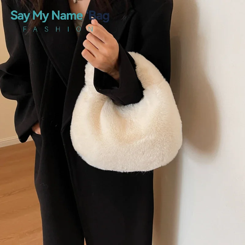 

Fashion Soft Plush Half Moon Bags for Women Designer Fluffy Faux Fur Lady Handbags Luxury Small Tote Female Winter Purses