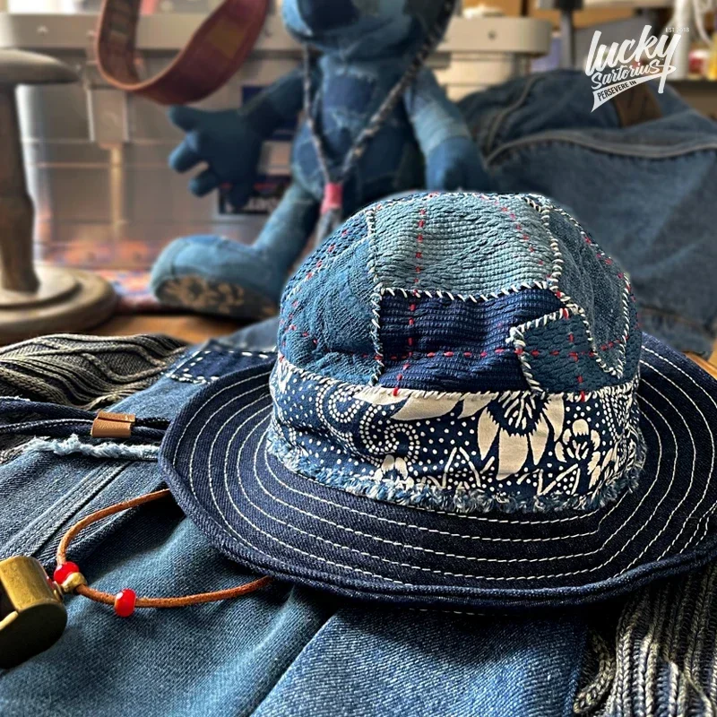Japanese Handmade Blue Dye Patch Ribbon Fisherman Hat Kendo Cloth Basin Men's and Women's Onesize Casual Bucket Hats