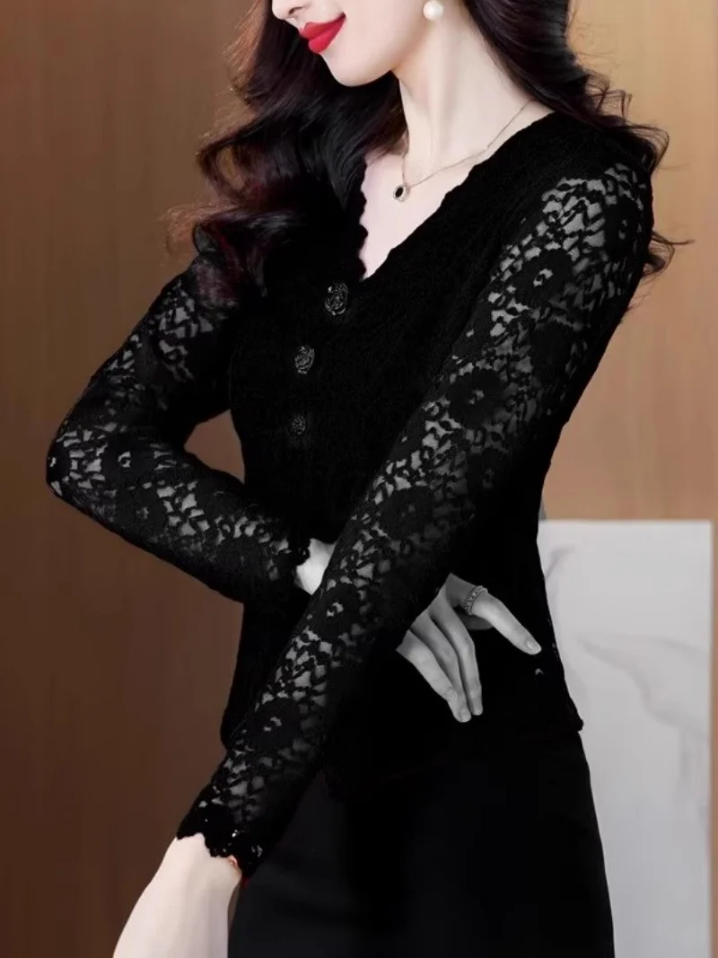 Sexy Spitzenoberteil mit V-Ausschnitt für Damen, langärmlige, ausgehöhlte Bluse – Schlankheitsshirt für alle Jahreszeiten (Frühling, Herbst, Winter) w1693
