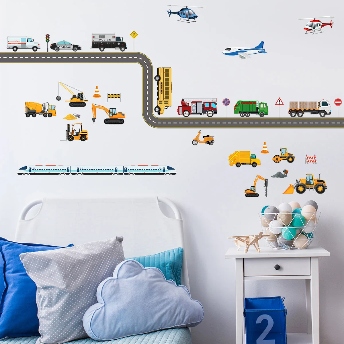 2pcs Car Cartoon Wall Sticker Aircraft Engineering Car Kindergarten Children's Room Bedroom Decoration Mural Pvc Wall Sticker