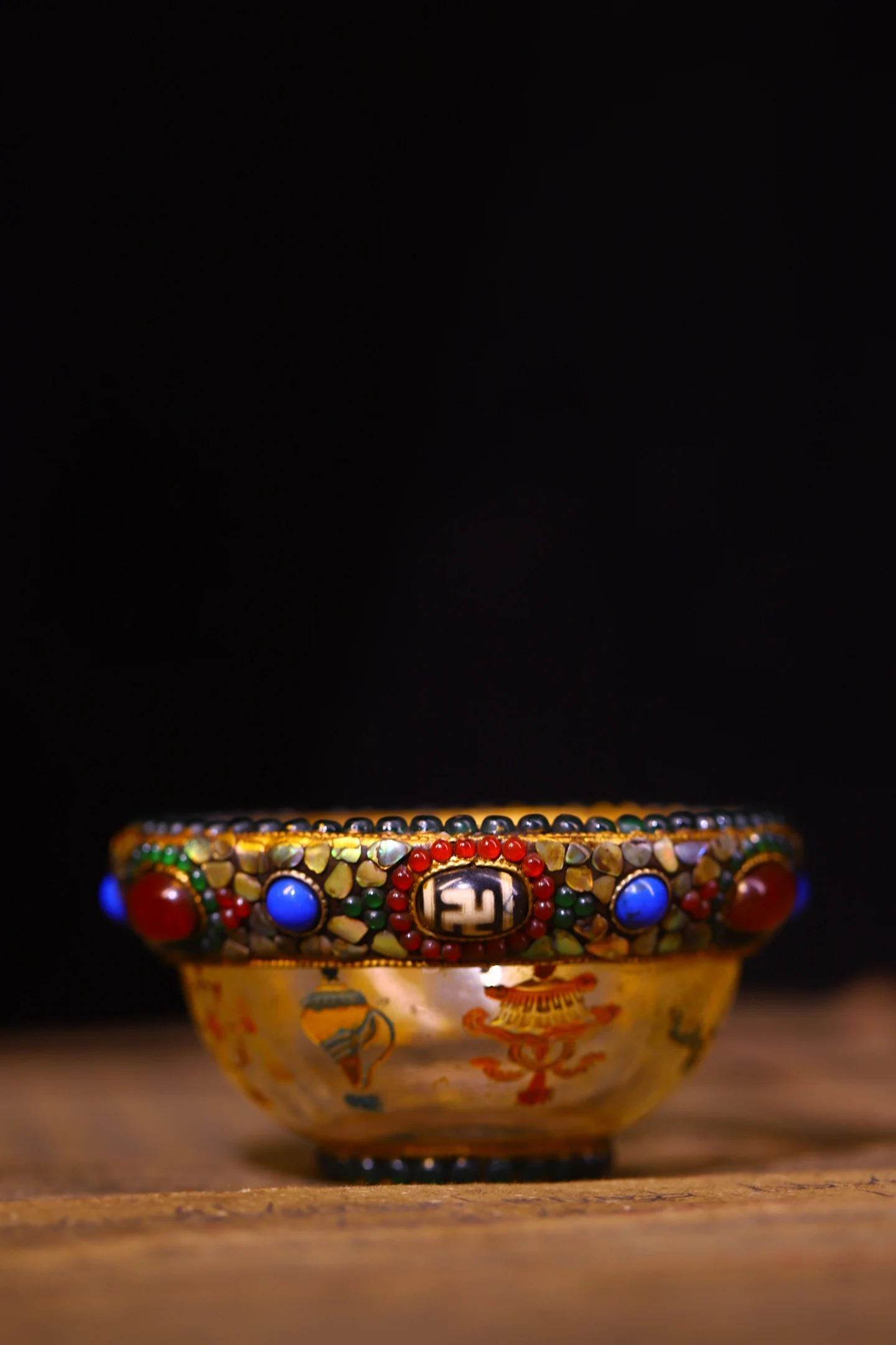 

3"Old Crystal Mosaic Gem gZi Beads The Eight Auspicious Symbols Pattern Buddha Bowl Offering Bowl Town house