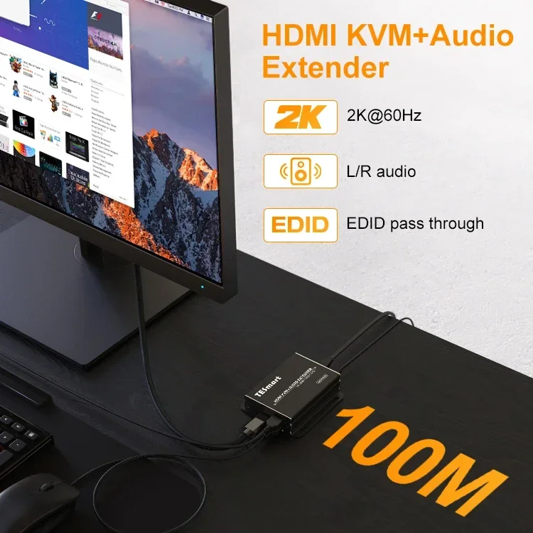 TESmart 100 Meter Hdmi Pemancar dan Penerima Extensor Hdmi untuk Monitor Mendukung Audio L/R 2K 100M Hdmi Usb Kvm Extender