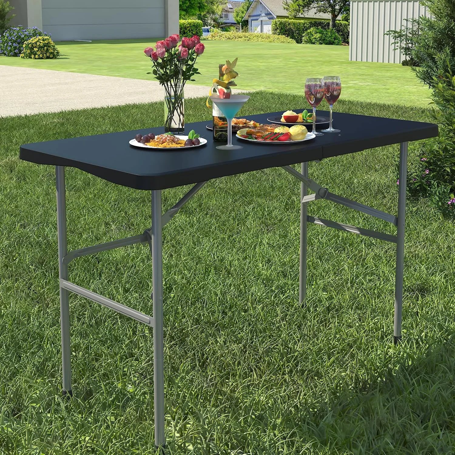 4 FT Folding Table, Heavy Duty Portable Plastic Table with Lock Function & Carrying Handle for Camping, Party, Picnic & Dining, White